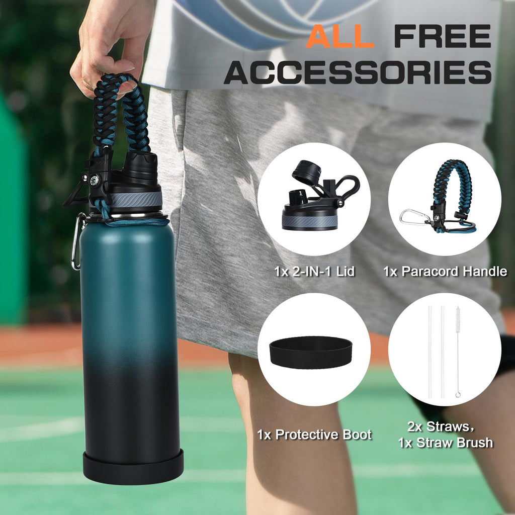 GAZLEMHO 40 oz Insulated Water Bottle with Straw& Spout 2-in-1 Lid, Triple Wall Vacuum Stainless Steel Cold 48H, Leak Proof Sports Metal Flask Jug with Paracord Handle, Black
