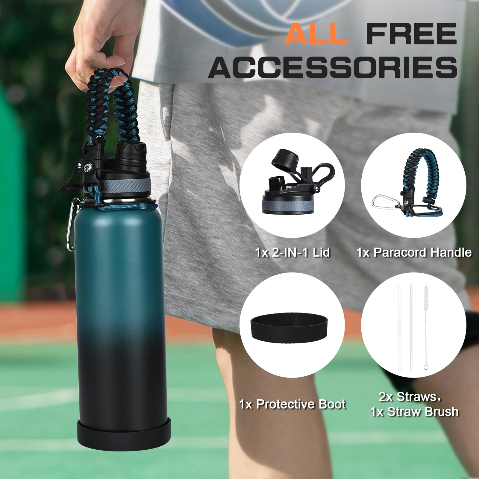 GAZLEMHO 40 oz Insulated Water Bottle with Straw& Spout 2-in-1 Lid, Triple Wall Vacuum Stainless Steel Cold 48H, Leak Proof Sports Metal Flask Jug with Paracord Handle, Black