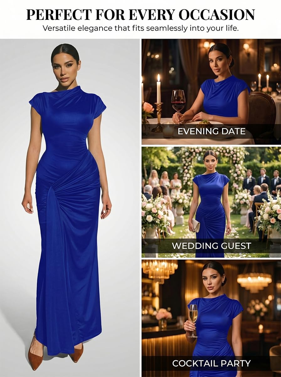 Mojessy Women Bodycon Maxi Dress Sexy Mock Neck Lace Up Bandage Ruched Short Sleeve Long Dress Cocktail Dress