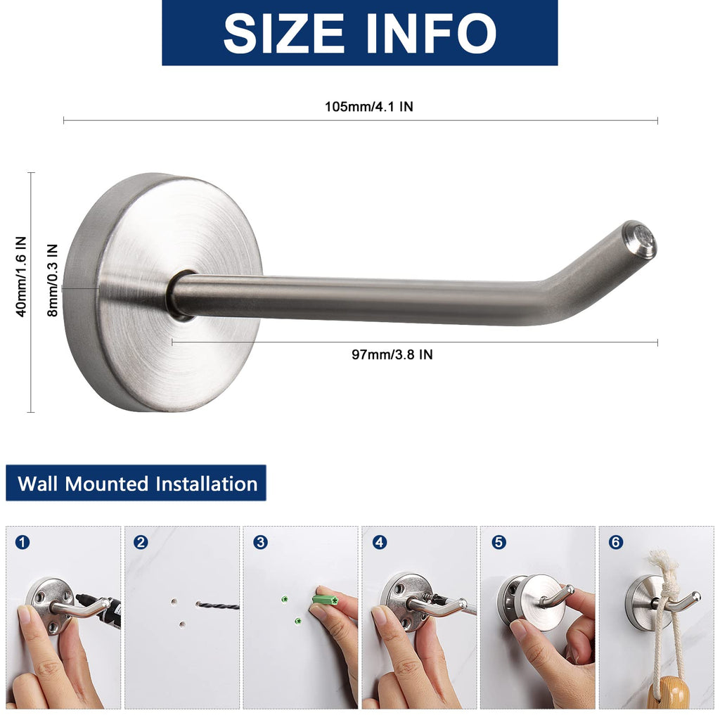 NearMoon Coat Hooks, Wall Mount Hooks for Hanging Hat Hurse Robe, 304 Stainless Steel Heavy Duty Towel Hangers for Bathroom Livingroom Kitchen-Ceiling Hook, 6 Pack (2 Inch, Brushed Nickel)