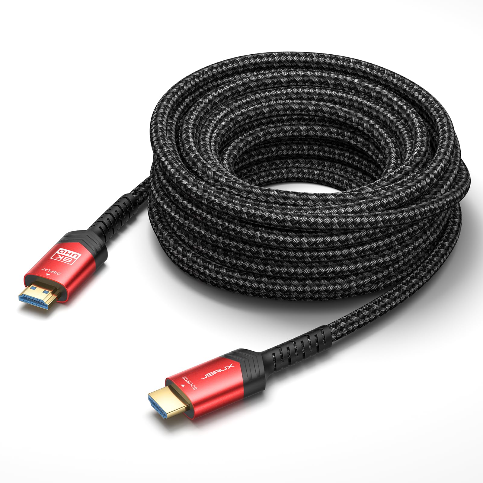 JSAUX 4K Long HDMI Cable 2 Pack 15ft, 18Gbps High Speed HDMI 2.0 Braided Cord, 4K 60Hz HDR, 2K 1440P 144Hz, 1080p, HDCP 2.2, 3D, ARC, Ethernet Compatible with Monitor Smart TV PC PS5 PS4 Blu-ray -Red