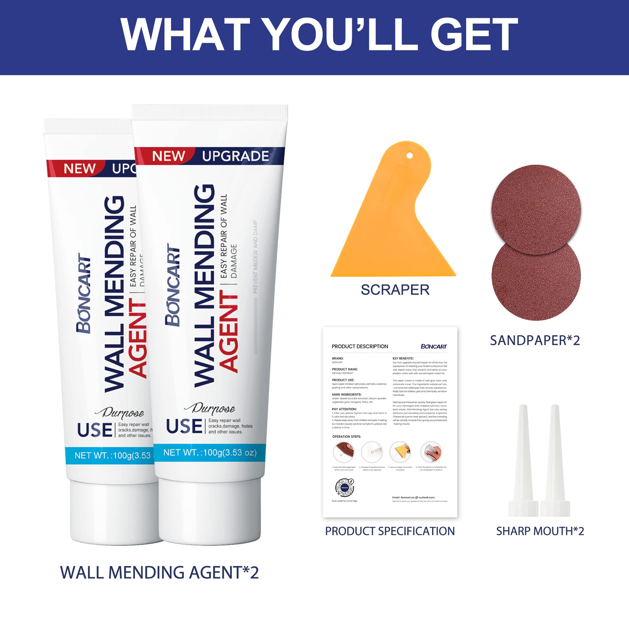 BONCART Spackle Wall Repair Kit,Drywall Repair kit,Wall Mending Agent Putty with Scraper,Plaster Wall Repair Paste for Wall Crack/Nail Hole/Graffiti,Wall Surface