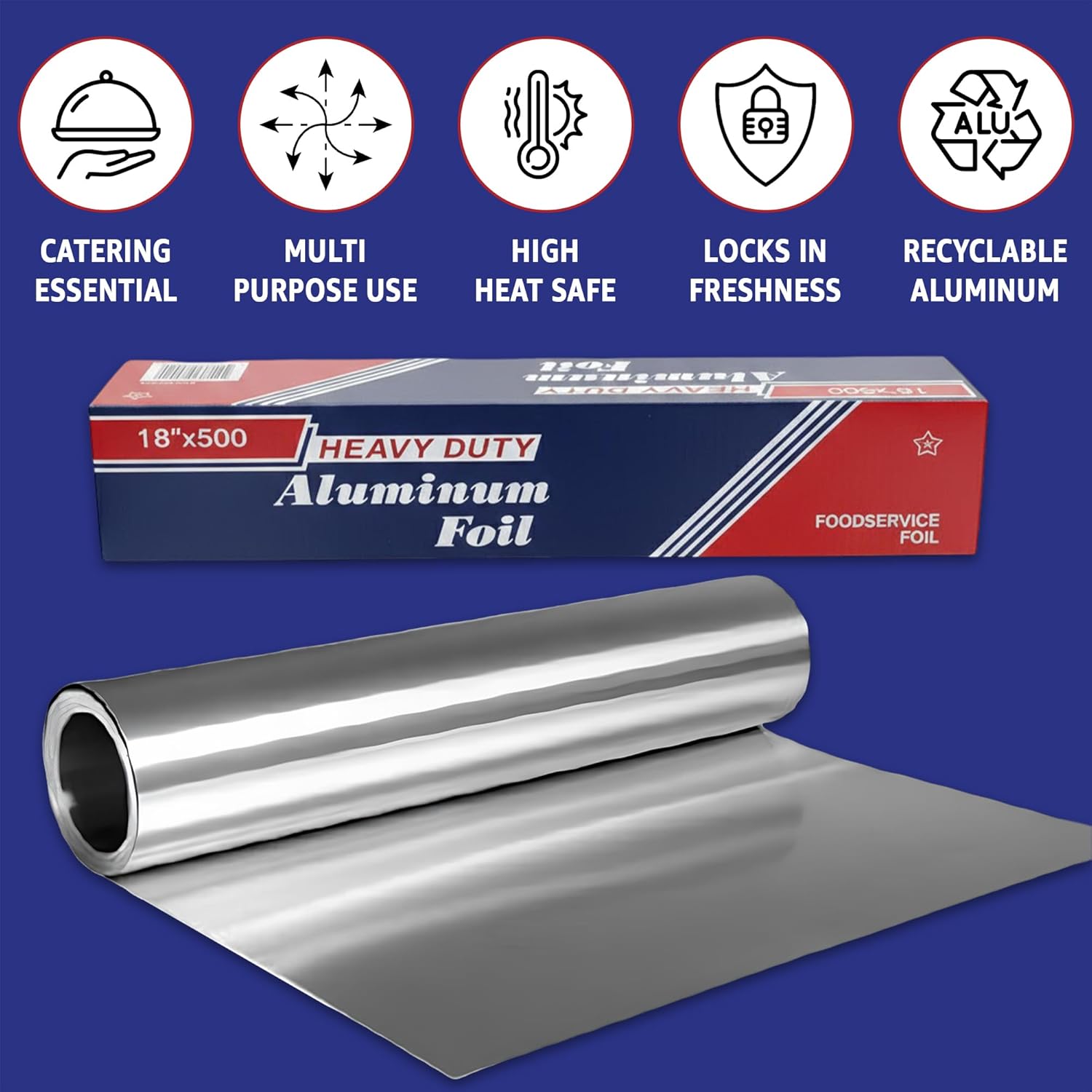 18" x 500' Heavy Duty Commercial Grade Food Safe Aluminum Foil Roll - Durable and Tear Resistant for Cooking, Grilling, and Roasting - Ideal for Restaurants, Catering, and Professional Kitchens