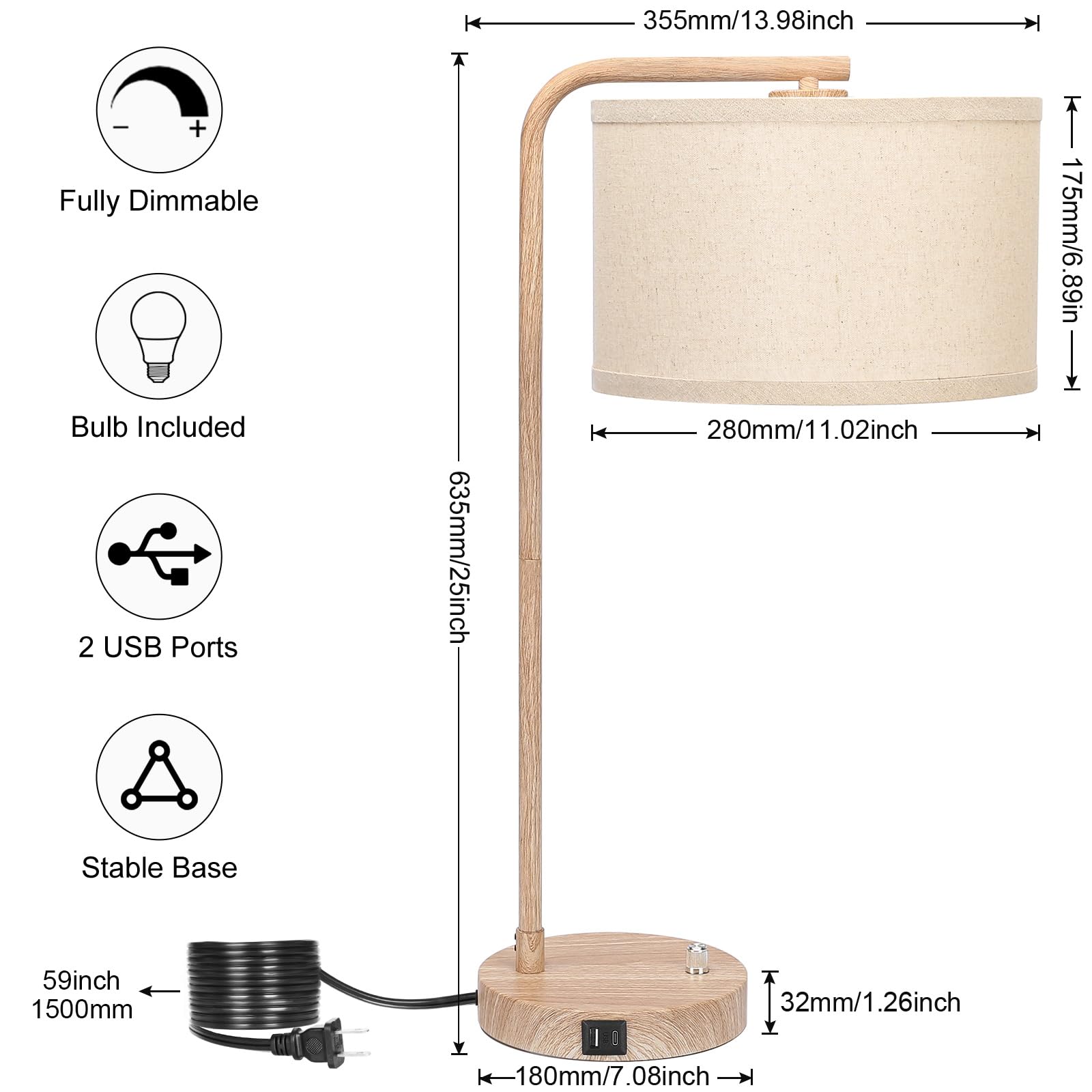 Table Lamps Set of 2, Fully Dimmable Bedside Lamp with USB C+A Charging Ports, Modern Nightstand Lamps with Linen Fabric Shades, Tall Desk Lamp for Bedroom, Living Room, Office, LED Bulb Included