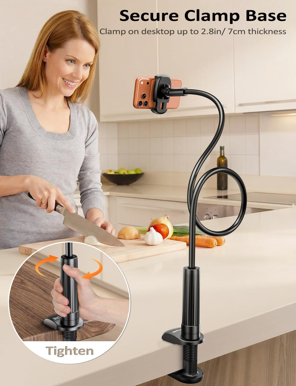 Tryone Gooseneck Phone Holder Hands-Free for Phone Viewing Or Recording, Adjustable Stable Metal Cell Stand Mount for Desk Table Bed, Soporte para Celular, Fits 4-7 Phones Including iPhone - Black