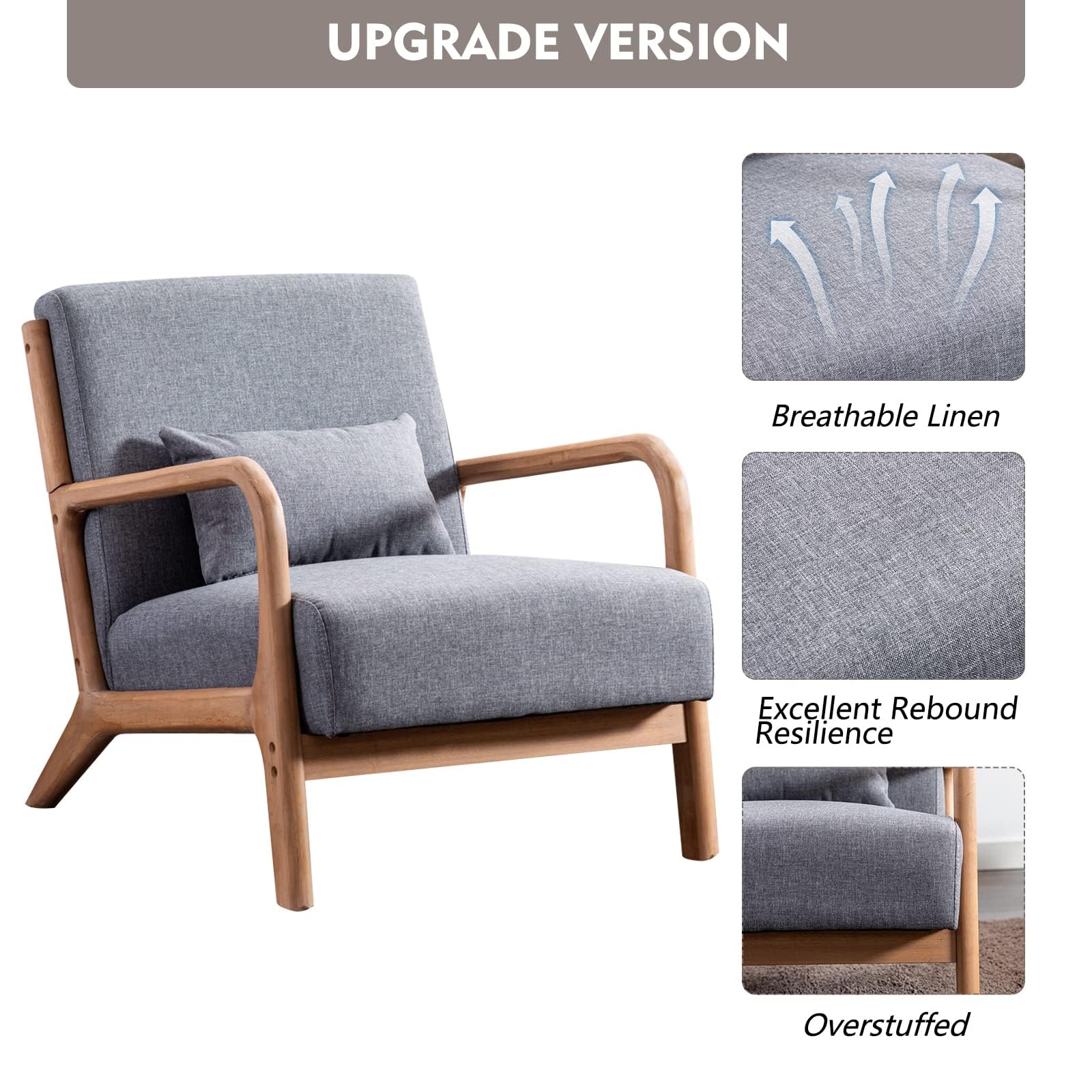 ANJ Mid Century Modern Accent Chair, Comfy Fabric Living Room Chairs with Solid Wood Frame, Lounge Reading Armchair, Easy Assembly, Beige