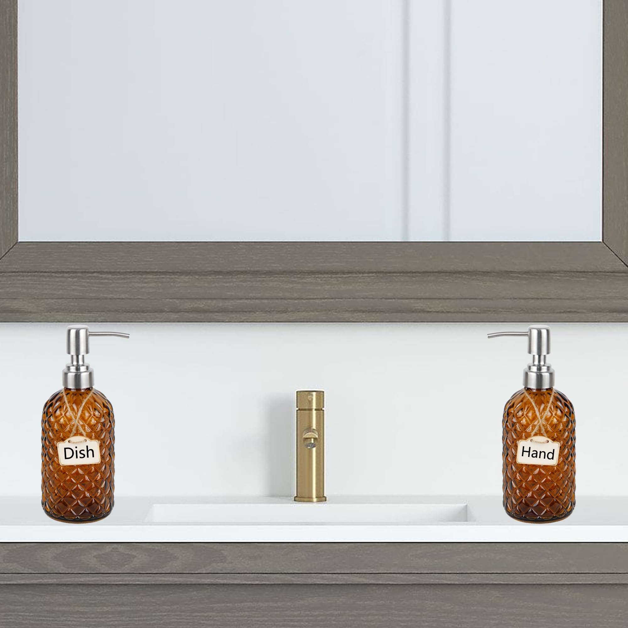16 oz Diamond Pattern Glass Soap Dispenser, Kitchen and Bathroom Refillable Soap Dispenser with Rust Resistant Stainless Steel Pump for Hand Soap, Lotion Glass Liquid Dispenser(Amber)