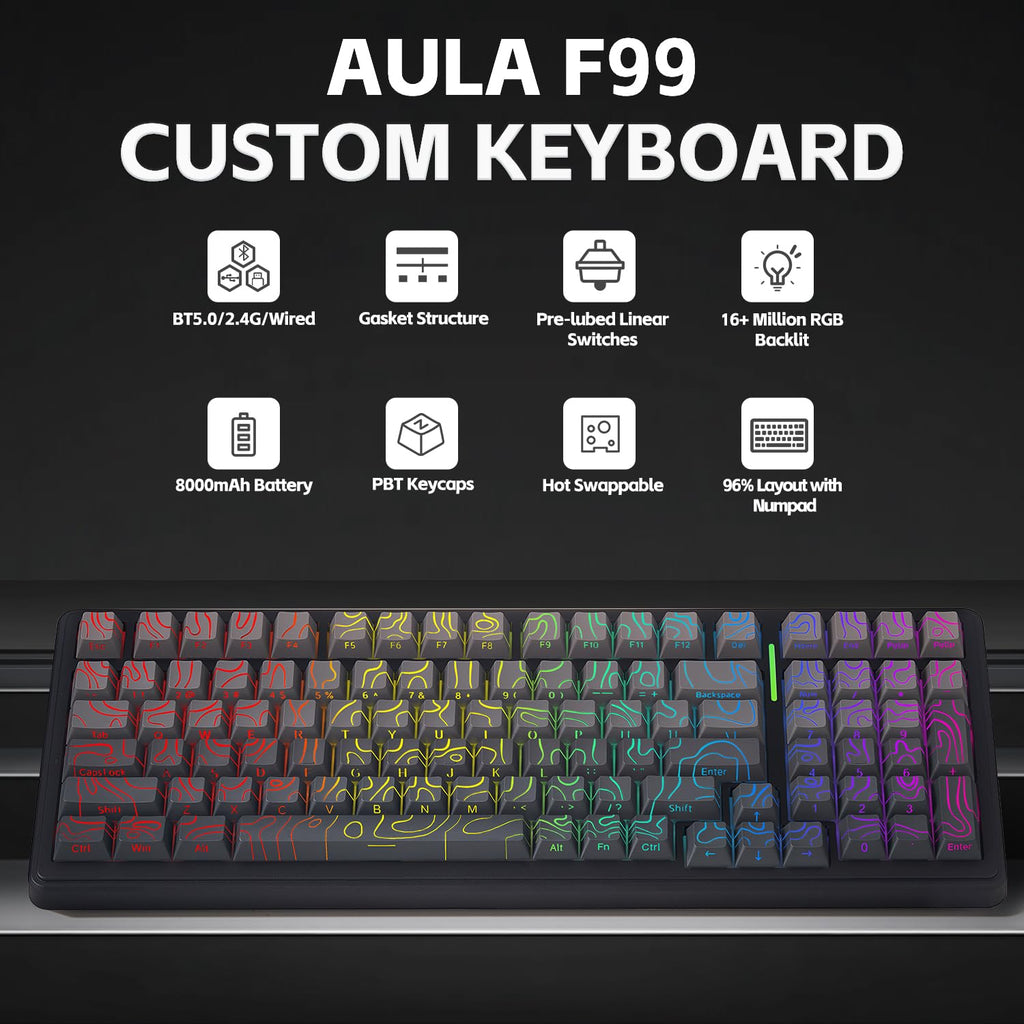 Aula F99 Mechanical Gaming Keyboard, Wireless Creamy Keyboard Hot Swappable Custom Keyboards Rechargeable, Tri-Mode BT5.0/2.4GHz/USB-C, Pre-lubed Linear Switches, RGB Backlit, Gasket Structure