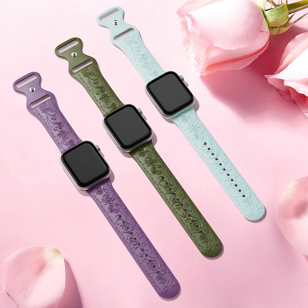 Floral Engraved Band Compatible with Apple Watch Band 40mm 41mm 38mm 42mm 44mm 45mm 46mm 49mm Women, Soft Silicone Cute Embossed Flower Strap for iWatch Band Series SE Ultra 11 10 9 8 7 6 5 4 3 2 1