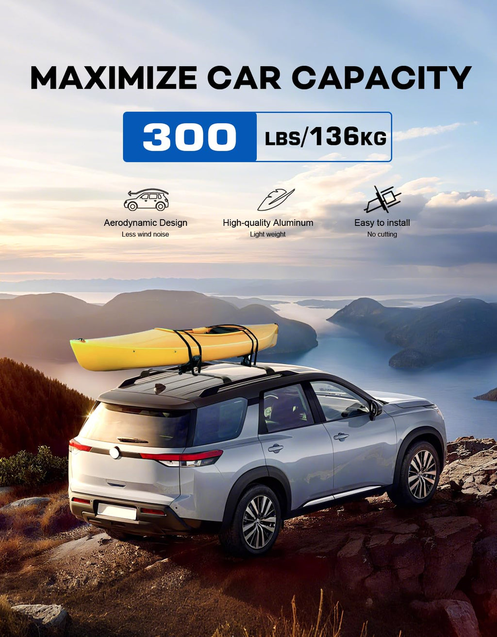 Wonderdriver Roof Rack Cross Bars 300lbs Compatible with Cadillac XT4 2019-2025,Heavy Duty All-Metal Aluminum Roof Rails Crossbars Cargo Canoe Black Rooftop Cargo Carrier Luggage.