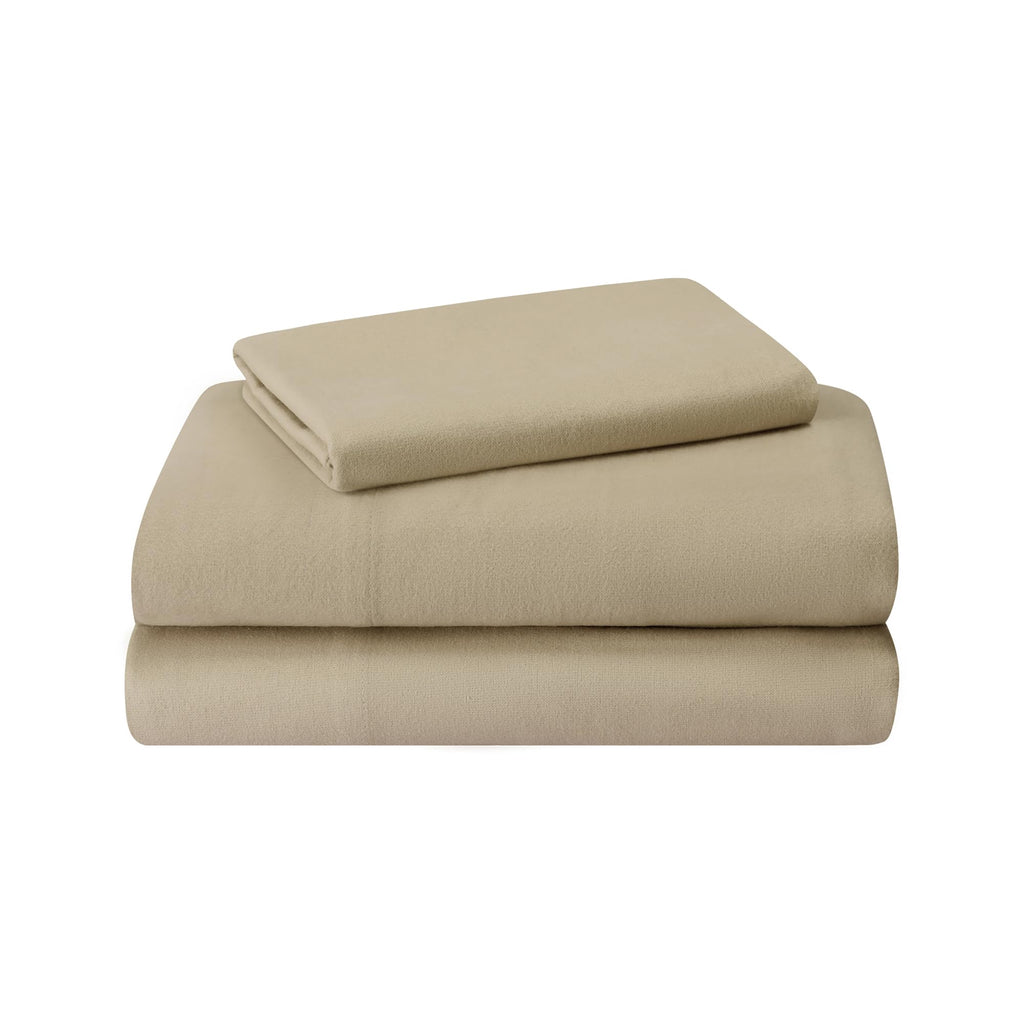 Featherhead 100% Cotton 4PCs Flannel Sheet Set | Double-Brushed for Extra Softness, Warm & Breathable, Extra Deep Pockets fits Up to 17” (Beige, Twin)