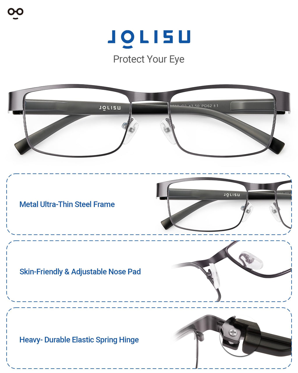 JOLISU 5PCS Reading Glasses Men - Blue Light Blocking Computer Metal Thin Frame Readers For Mens/Women （0.5）
