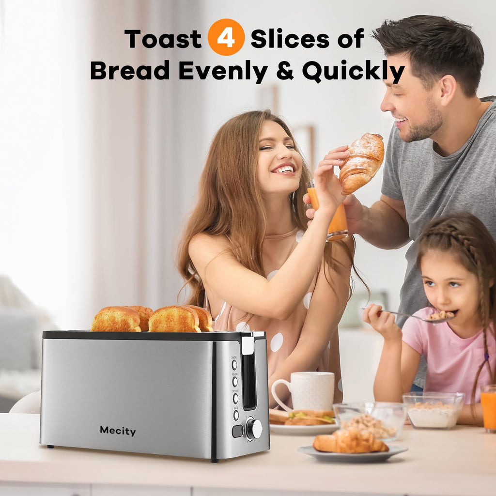 Mecity 4 Slice Toaster, Long Slot Toaster With Warming Rack, Timer, Bagel, Defrost, Reheat Functions, Crumb Tray, 6 Browning Settings, Extra Wide Long Slots, Stainless Steel, 1300W, Grey