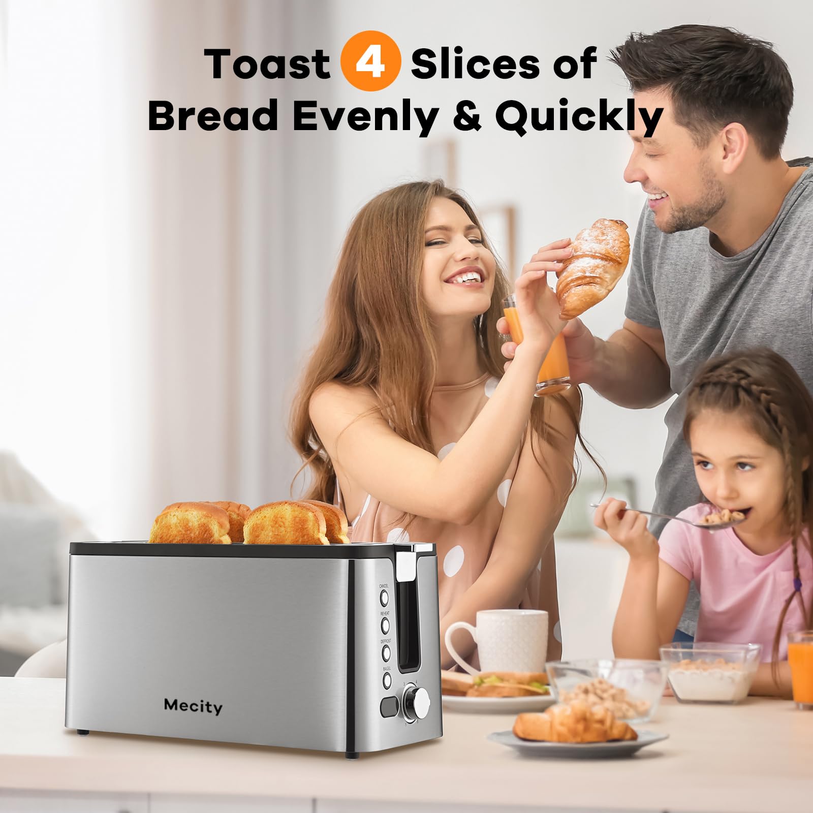 Mecity 4 Slice Toaster, Long Slot Toaster With Warming Rack, Timer, Bagel, Defrost, Reheat Functions, Crumb Tray, 6 Browning Settings, Extra Wide Long Slots, Stainless Steel, 1300W, Grey