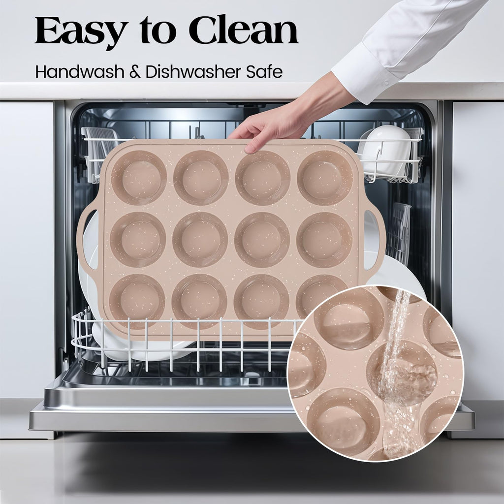 Vinino Silicone Muffin Pans for Baking with Metal Reinforced Frame, 12 Cups Regular Size Nonstick Brown Silicone Cupcake Pan, BPA Free Oven Dishwasher Safe Baking Mold for Muffins Cupcakes