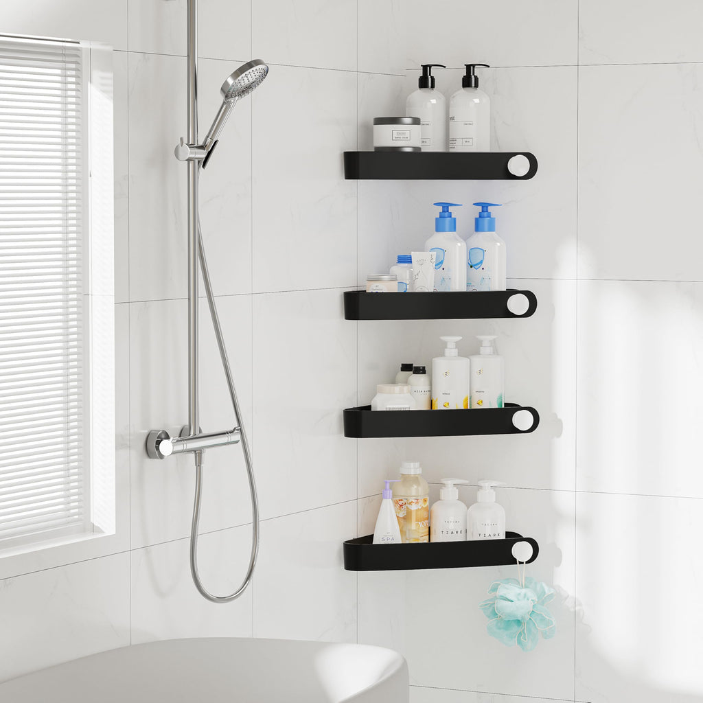 Sotfamily Plastic Shower Caddy Corner (for 90° Only), 2 Pack Adhesive Corner Shower Shelves for Bathroom Organizers and Storage, Black