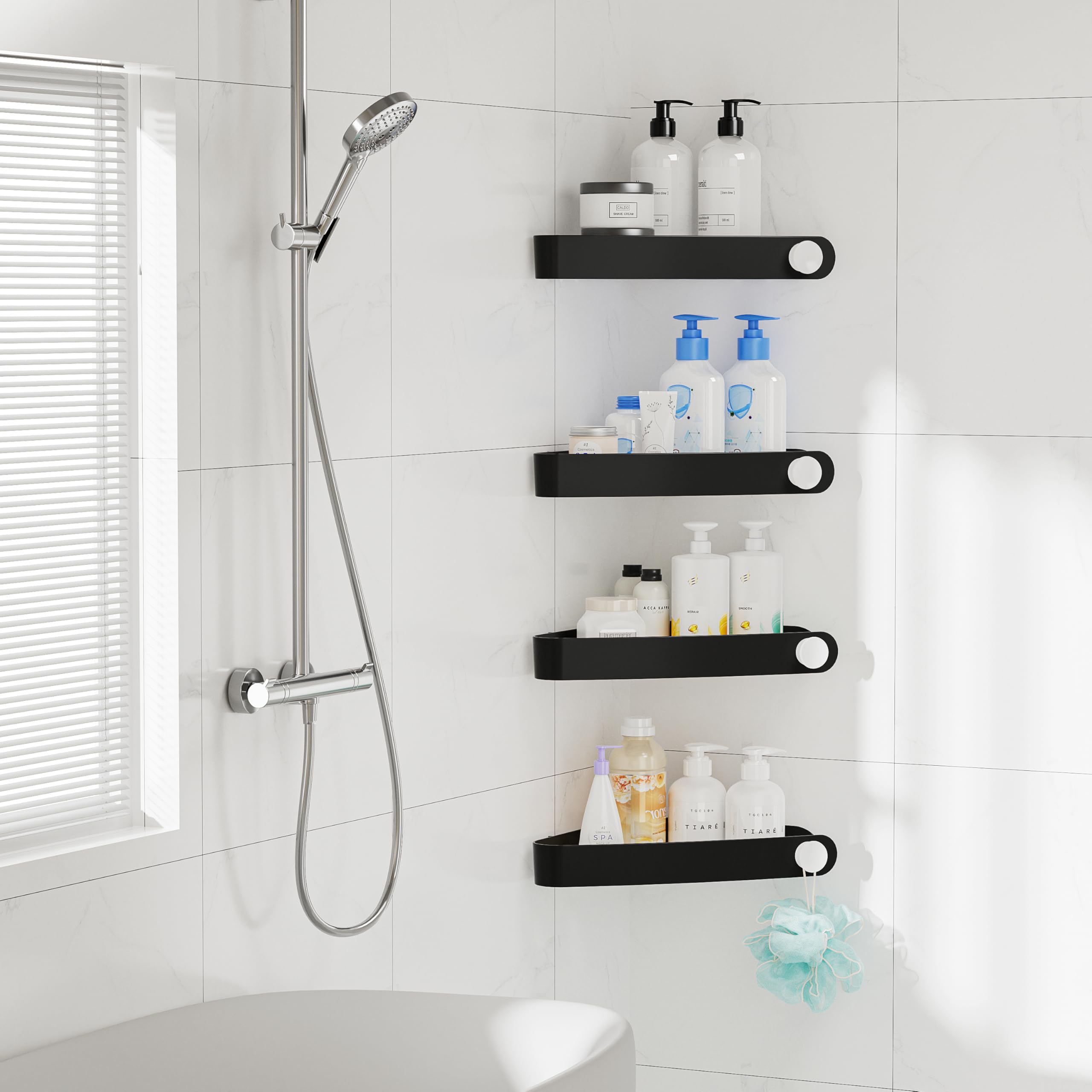 Sotfamily Plastic Shower Caddy Corner (for 90° Only), 2 Pack Adhesive Corner Shower Shelves for Bathroom Organizers and Storage, Black