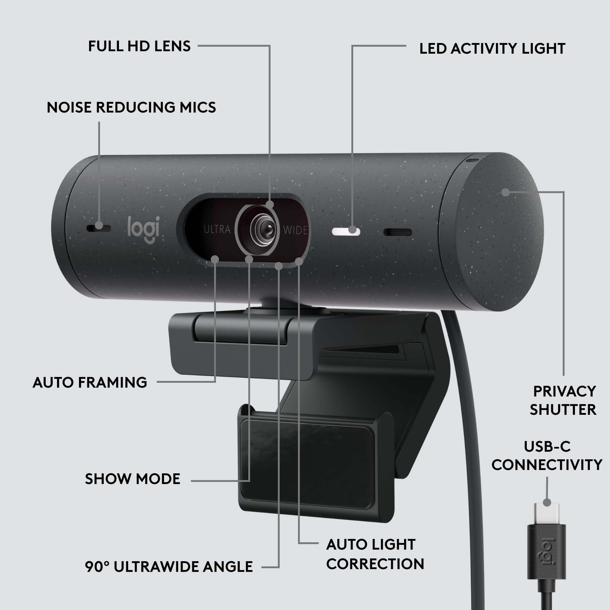 Logitech Brio 505 Full HD 1080p Webcam with auto Light Correction, framing, Dual Noise Reduction mics, Privacy Shutter - Works with Teams, Meet, Zoom, TAA Compliant.
