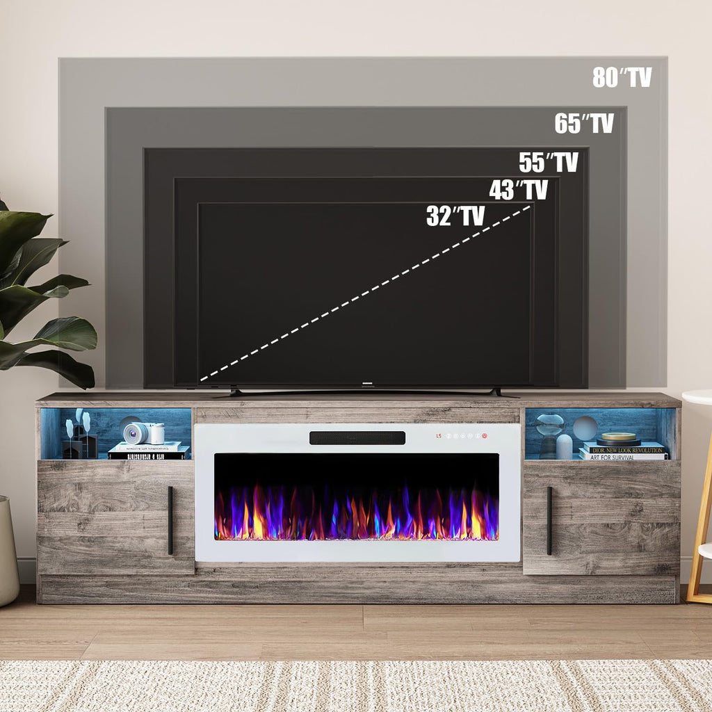 VITESSE 58 Inches Fireplace TV Stand for TVs up to 65 Inches Console with 18'' Electric Fireplace & Remote,Wooden Modern Entertainment Center for Living Room with LED Light Glass Shelves（Bei）