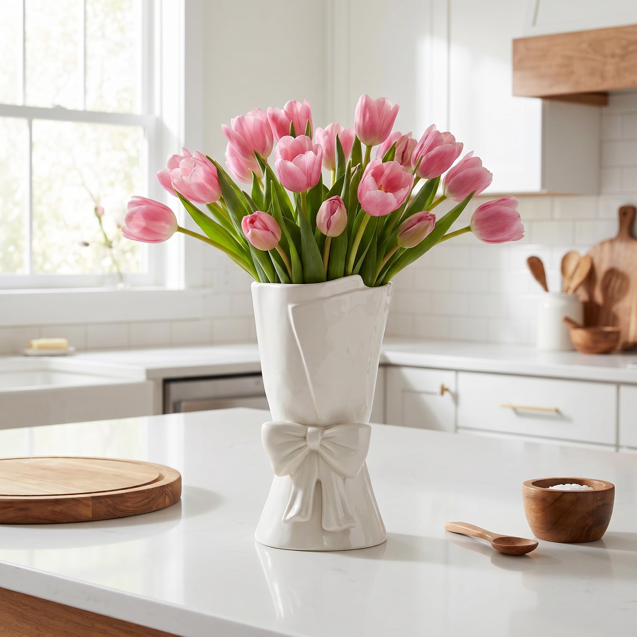 Relexome Beige Ceramic Bow Vase 9.64 in Unique Cute Modern Decorative Bouquet Flower Vases for Home Living Room Table Decor Women Girl Gifts