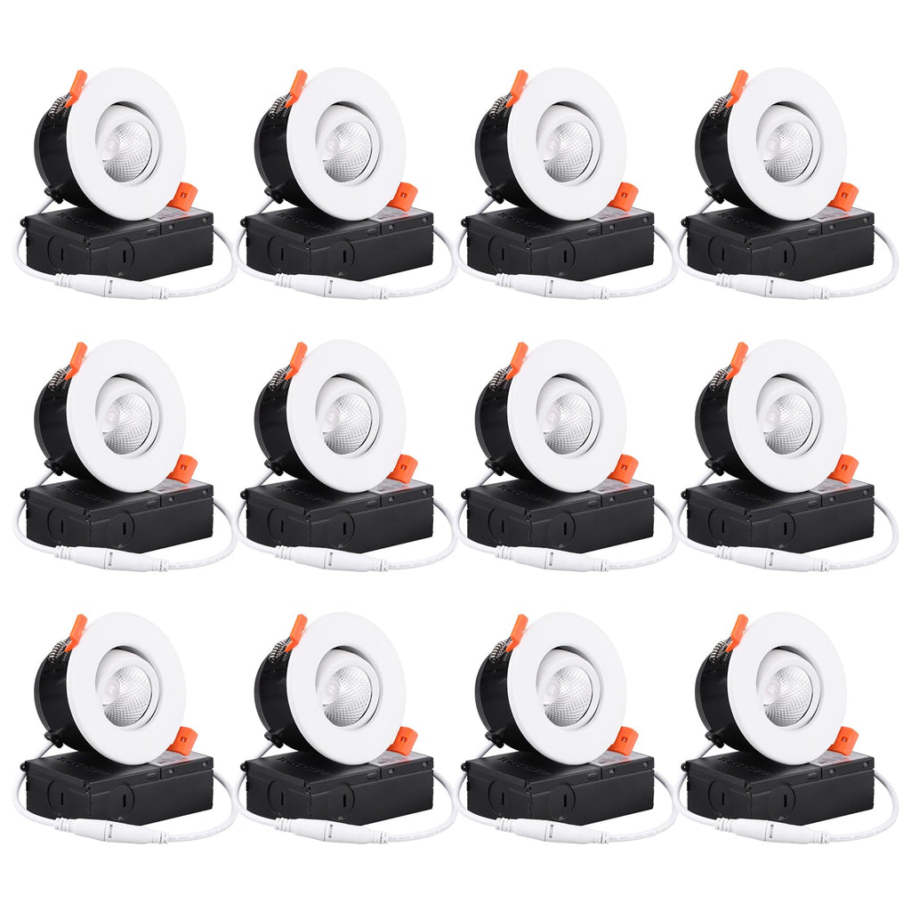 TORCHSTAR 12-Pack 5CCT 3 Inch Gimbal LED Recessed Light, 7W CRI90+ Dimmable Adjustable Eyeball Canless LED Downlight, 2700K/3000K/3500K/4000K/5000K Selectable, Airtight IC, ETL