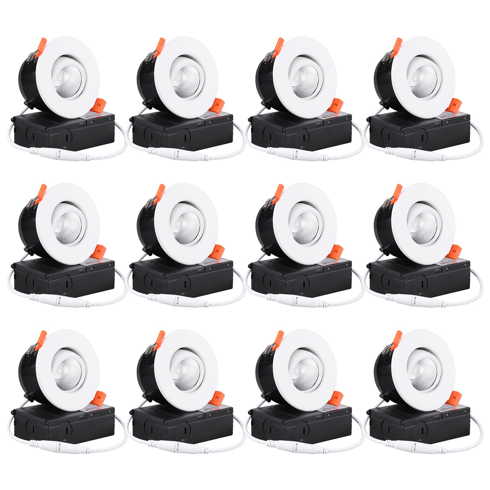 TORCHSTAR 12-Pack 5CCT 3 Inch Gimbal LED Recessed Light, 7W CRI90+ Dimmable Adjustable Eyeball Canless LED Downlight, 2700K/3000K/3500K/4000K/5000K Selectable, Airtight IC, ETL