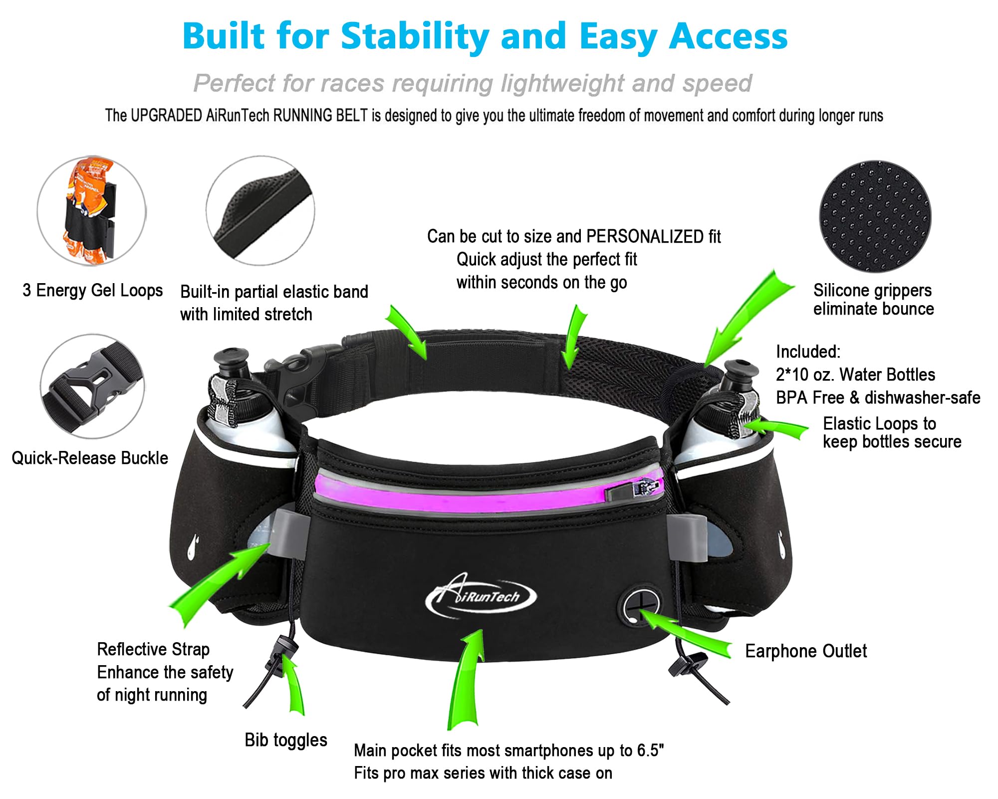 AiRunTech Hydration Running Belt with Water Bottle, Running Fanny Pack for Phone and Wallet Holder, Running Bag Runners Essentials Accessories Marathon Triathlon Walking Jogging Gear Gift