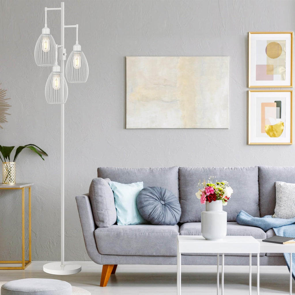 Dimmable Floor Lamp, 3 x 800LM LED Edison Bulbs Included, Farmhouse Industrial Floor Lamp Standing Tree Lamp with Elegant Teardrop Cage Tall Lamps for Living Room Bedroom Office Dining Room-Brass
