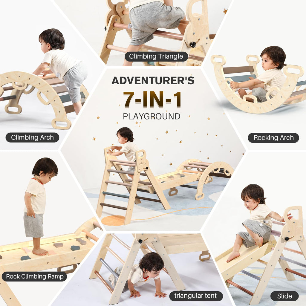 BlueWood Pikler Triangle Set with Safe Handle, Foldable 7-in-1 Montessori Toddler Climbing Toys Indoor, Wooden Pickler Climbing Set, Baby Jungle Gym & Playground, Climbing Toys for 1-3 Year, Colorful