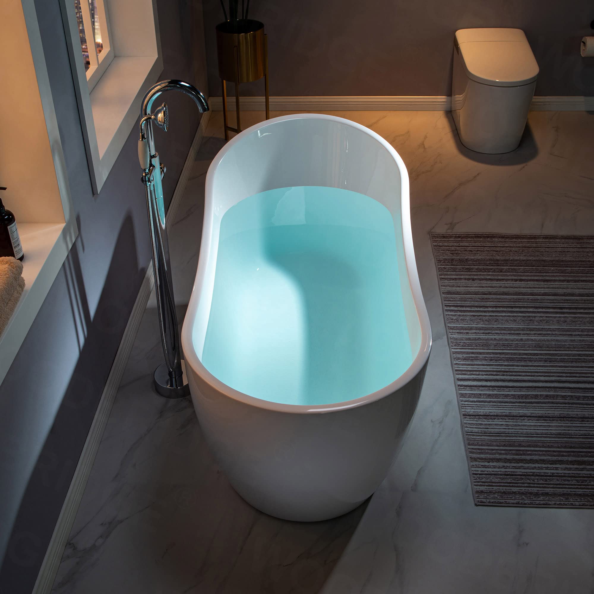 WOODBRIDGE 59" Acrylic Freestanding Bathtub Contemporary Soaking White Tub with Brushed Gold Overflow and Drain， B1530 -BG-Drain &O