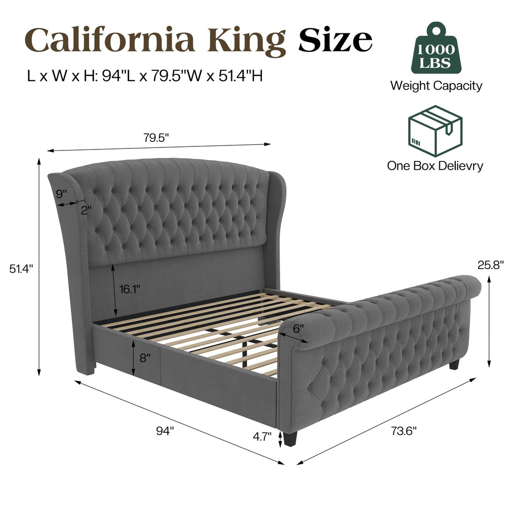 LUXOAK Queen Size Platform Bed Frame, Velvet Upholstered Sleigh Bed with Curved Headboard & Footboard, Deep Button Tufted, Wood Slats Support, No Box Spring Needed, Black