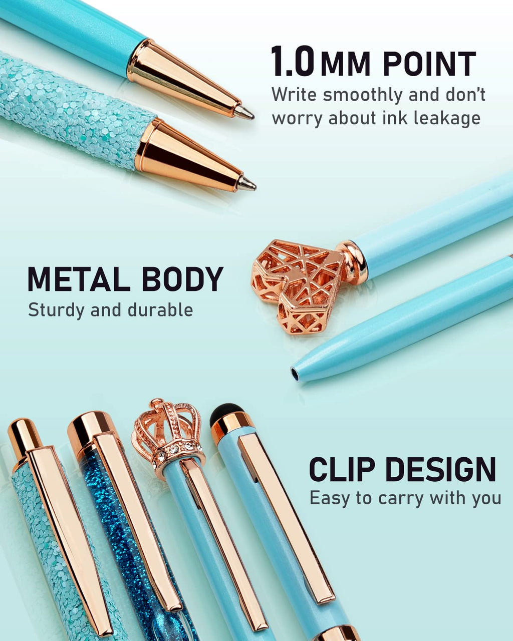 WEMATE 8Pcs Ballpoint Pens Set Metal Crystal Diamond Pen Glitter for Journaling Black Pen Bling in Black & Blue Ink Pretty Cute Pens Fancy Pens Gifts for Women Wedding School Office Desk(Black)