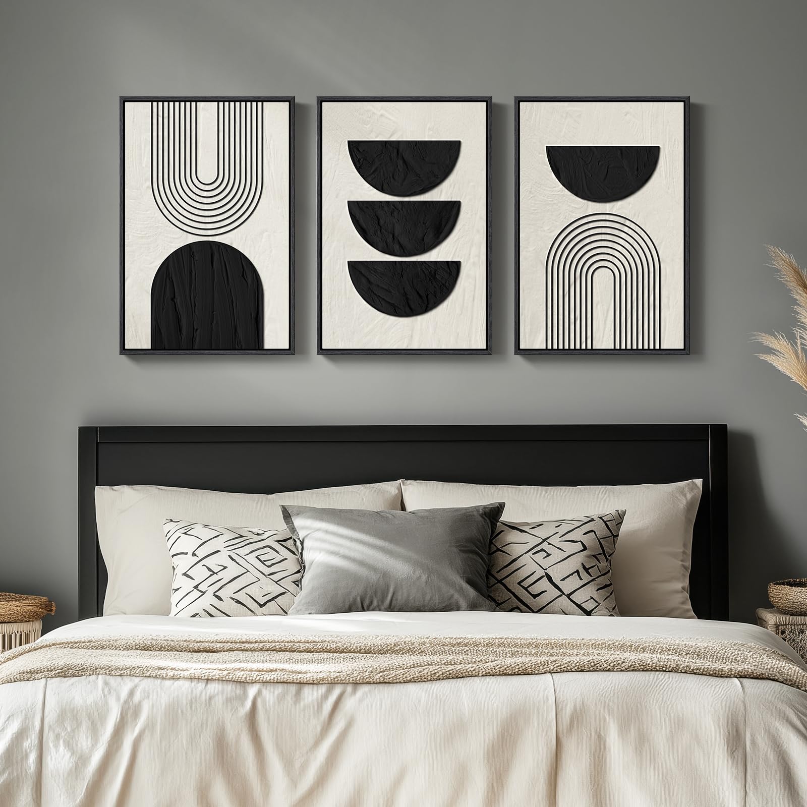 Framed Black and White Modern Abstract Wall Art, 3 Piece Canvas Prints Paintings Artwork for Walls, Minimalist Black White Grey Pictures for Living Room Dining Room Bedroom Office Wall Decor 16x24 In