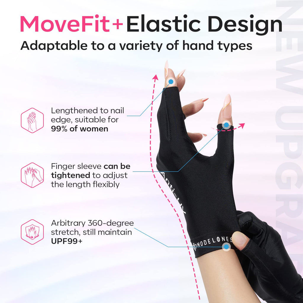 modelones UV Gloves for Gel Manicures, Professional UPF99+ Anti UV Protection Gloves for Gel Nail Lamp (Black)