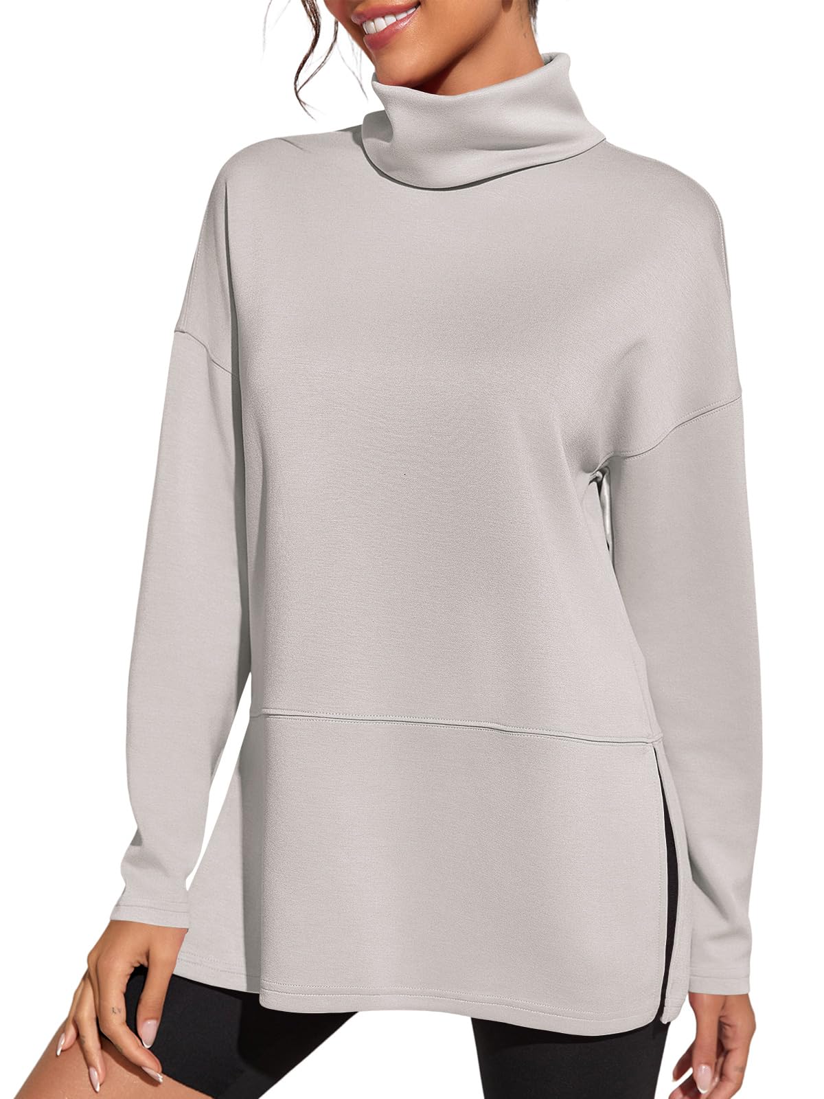 Fisoew Women's Turtleneck Oversized Sweatshirt Casual Long Sleeve Loose Side Slit Pullovers Tunic Tops