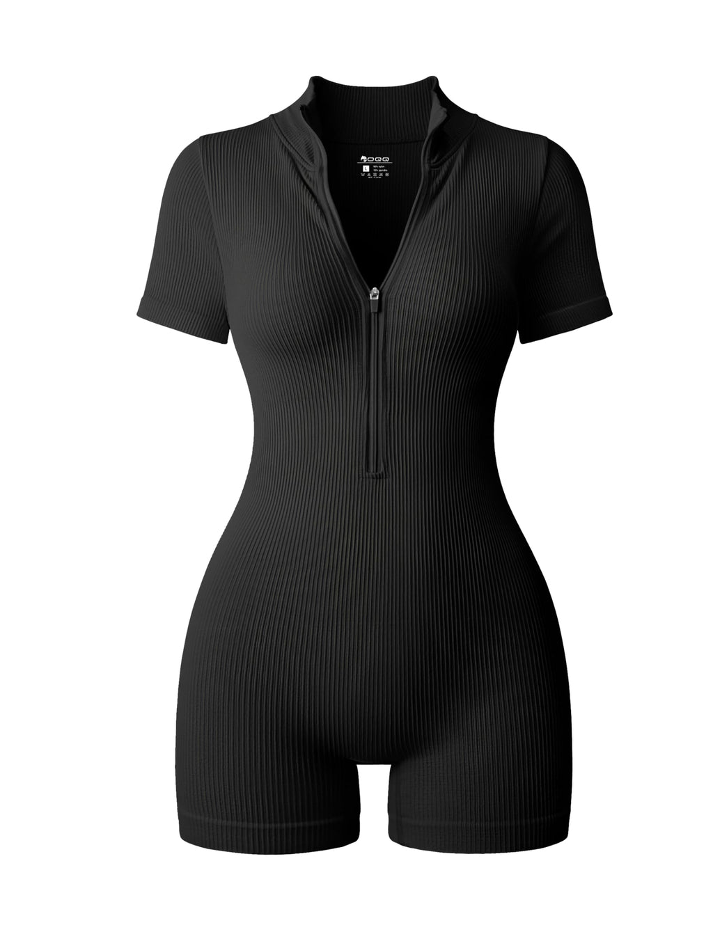 OQQ Women Rompers Ribbed Short Sleeve Zip Front Stretch Tummy Control Yoga Workout Rompers