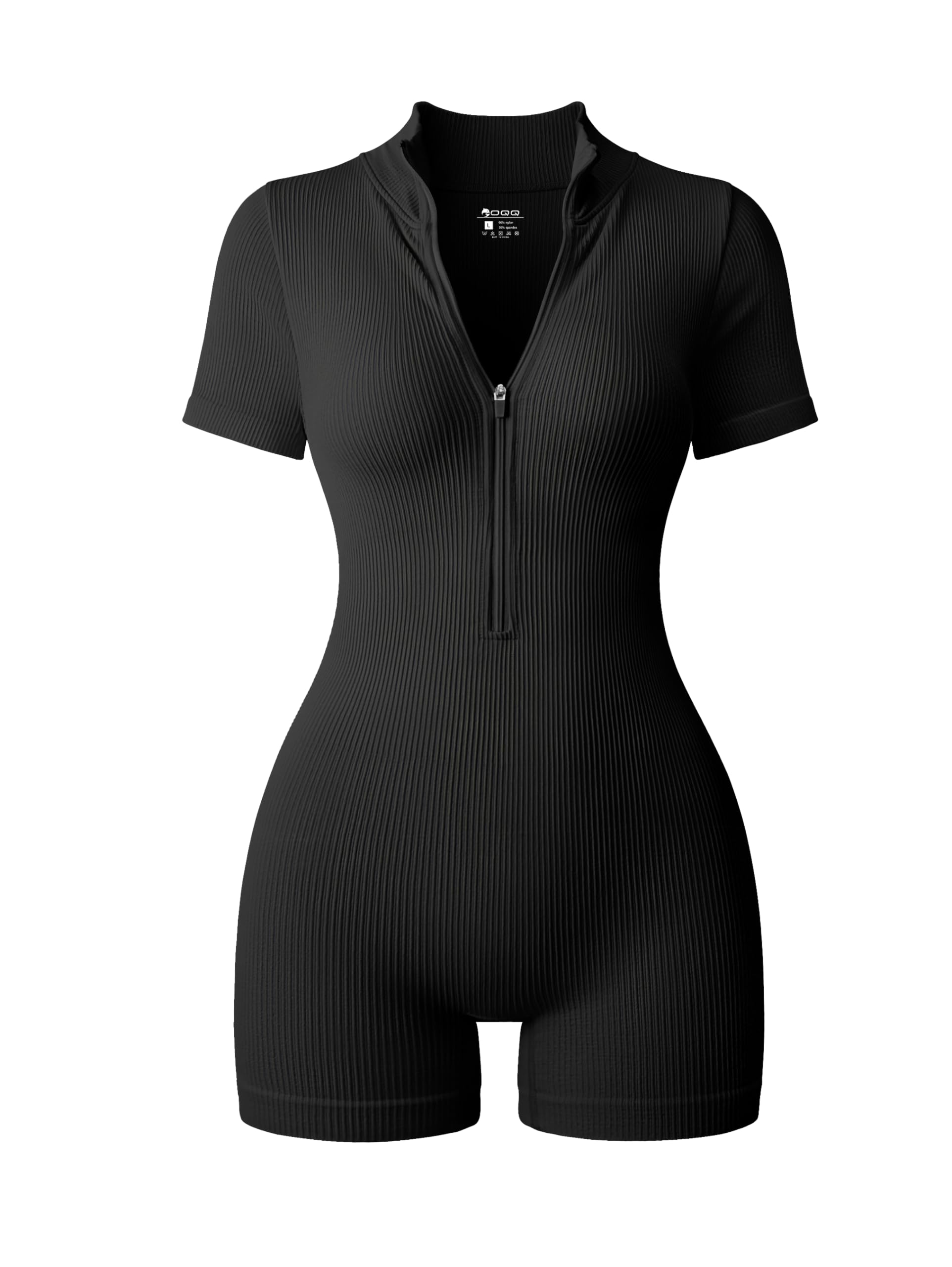 OQQ Women Rompers Ribbed Short Sleeve Zip Front Stretch Tummy Control Yoga Workout Rompers