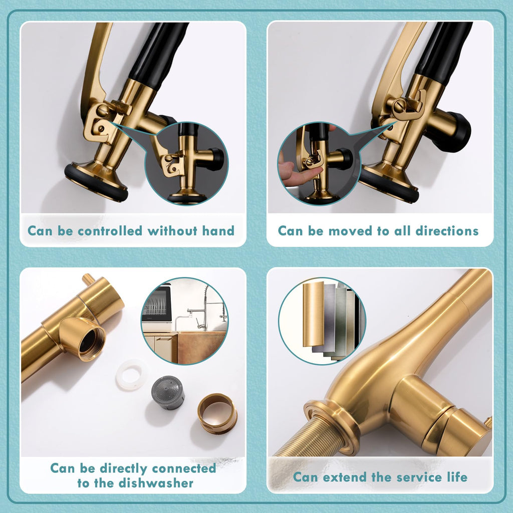GIMILI Black and Gold Kitchen Faucet with Pull Down Sprayer Single Handle High Pressure Kitchen Sink Faucet Commercial Double-Headed Stainless Steel Kitchen Faucets