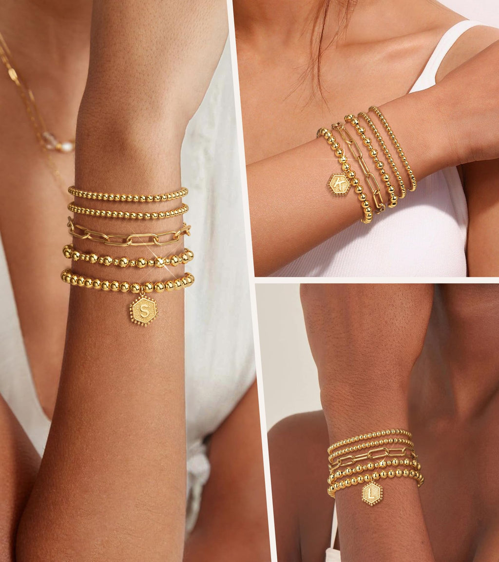 adoyi Gold Bracelets for Women Waterproof, 14K Gold Plated Beaded Strand Bead Ball Bracelets stack Adjustable Jewelry Set for Gifts