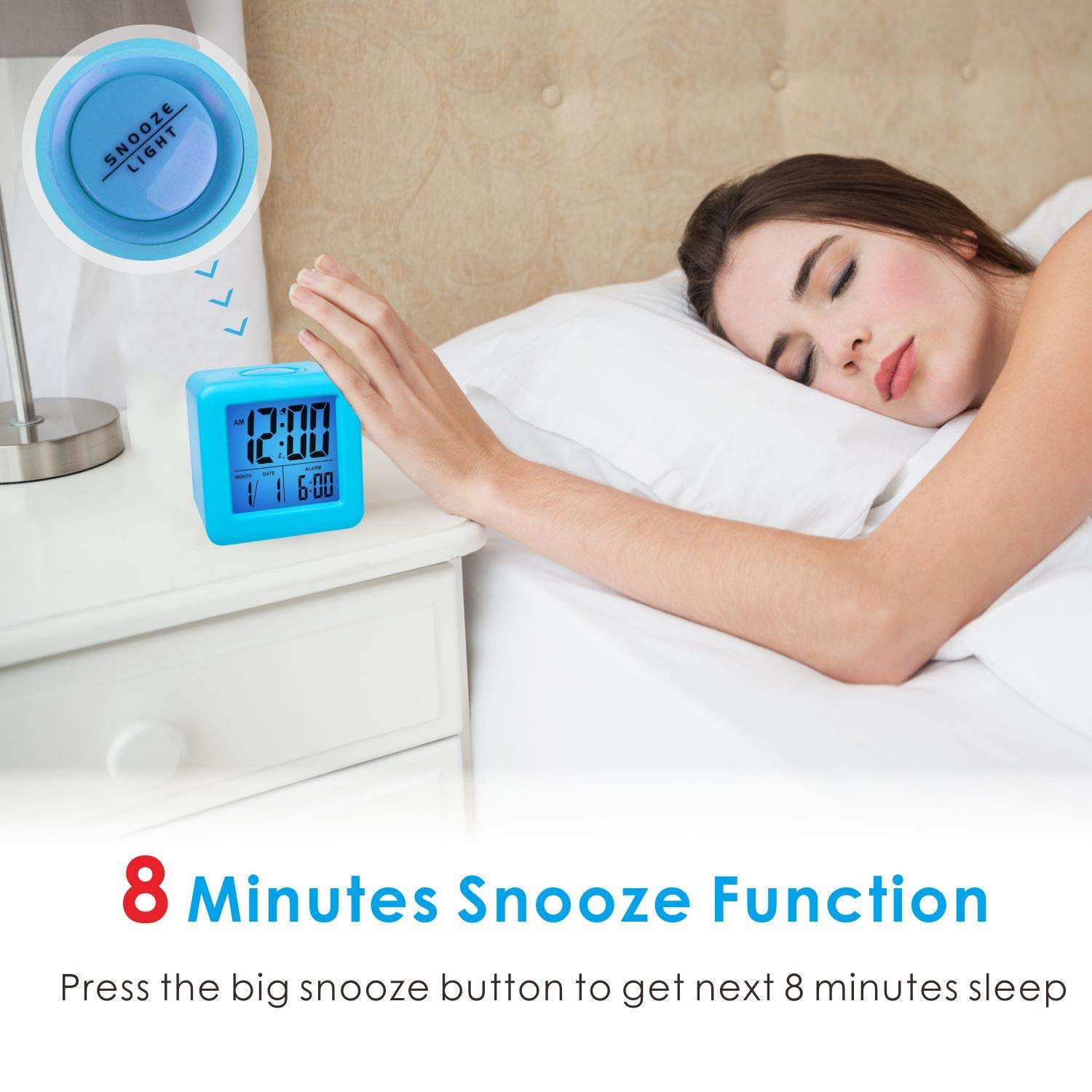 Plumeet Digital Alarm Clock Kids Clock with Snooze and White Nightlight - Easy Setting Travel Alarm Clocks Display Time, Date, Alarm - Ascending Sound - Battery Powered (Baby Blue)