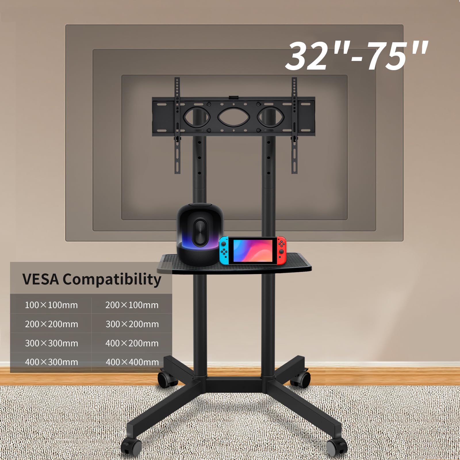 Solid Grace Rolling TV Stand with Power Outlet for 32-75 Inch TVs up to 88lbs, Portable TV Stand with Shelf, Mobile TV Cart for Living Room, Office, Meeting Room, Outdoor(with Power Outlet+Shelf)