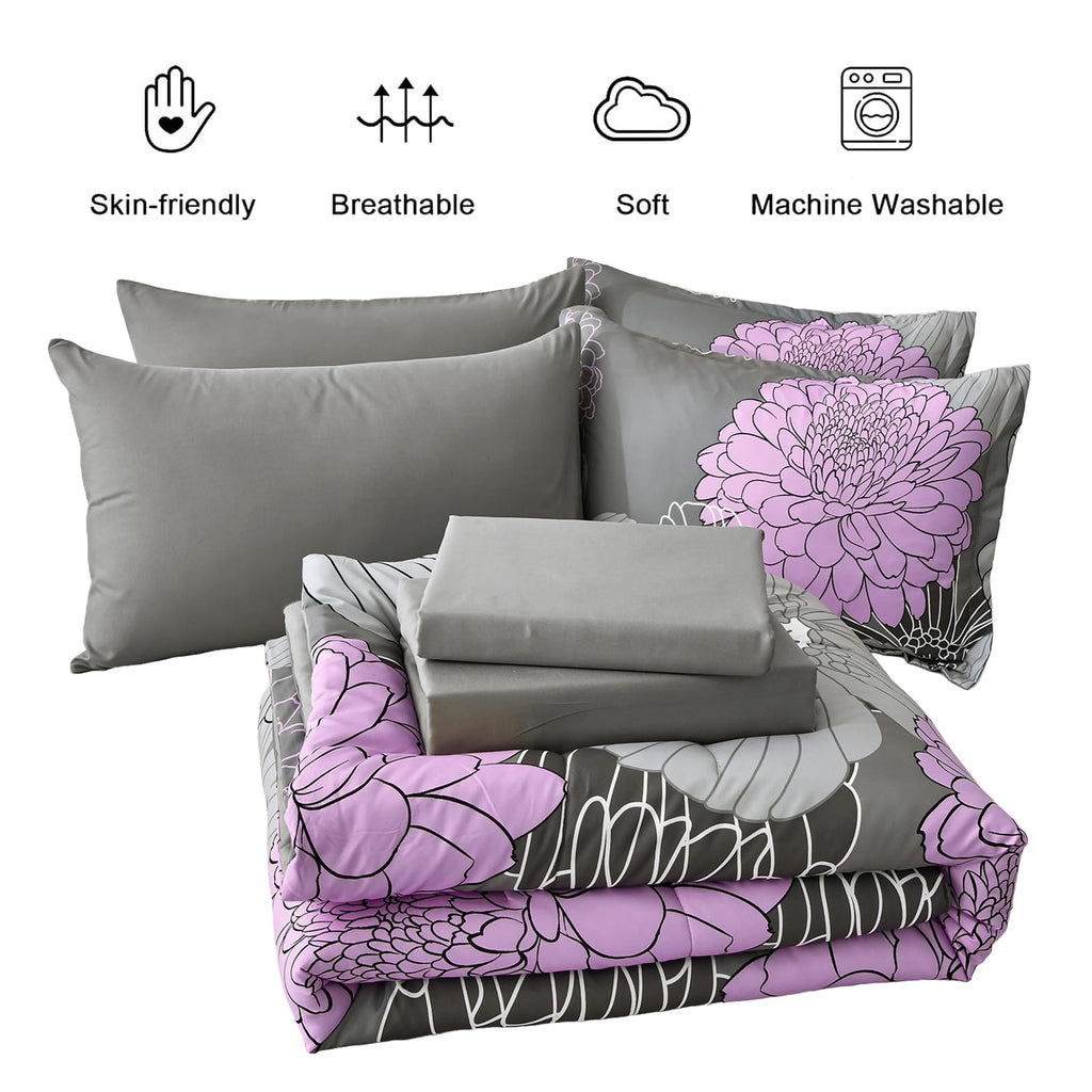 Yiran 7 Pieces Bed in a Bag Blue Floral Comforter Set Queen Size Flowers Comforter Set Soft Microfiber Bedding Set (1 Comforter 1 Flat Sheet 1 Fitted Sheet 2 Pillowshams 2 Pillowcases)
