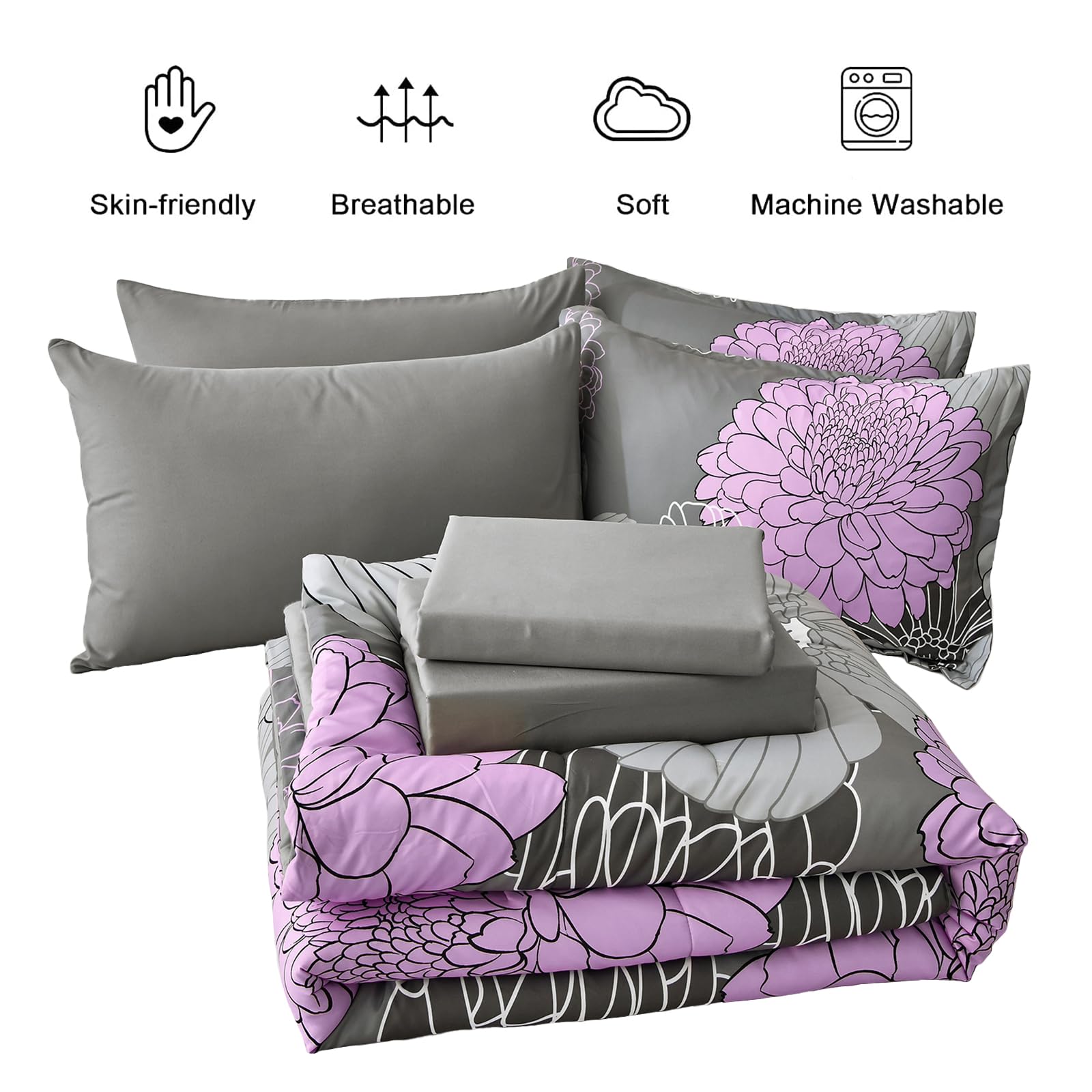 Yiran 7 Pieces Bed in a Bag Blue Floral Comforter Set Queen Size Flowers Comforter Set Soft Microfiber Bedding Set (1 Comforter 1 Flat Sheet 1 Fitted Sheet 2 Pillowshams 2 Pillowcases)