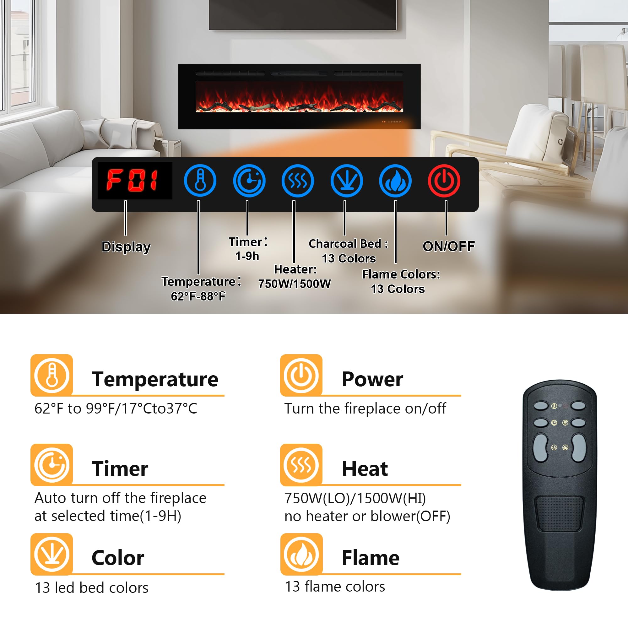 Electric Fireplace 30 inch Wide, Wall Mounted Fireplace Inserts Electric Heater, 13 * 13 Flame Effects Like Real Flame, Low Noise, Timer & Thermostat Setting, 750W/1500W, Black