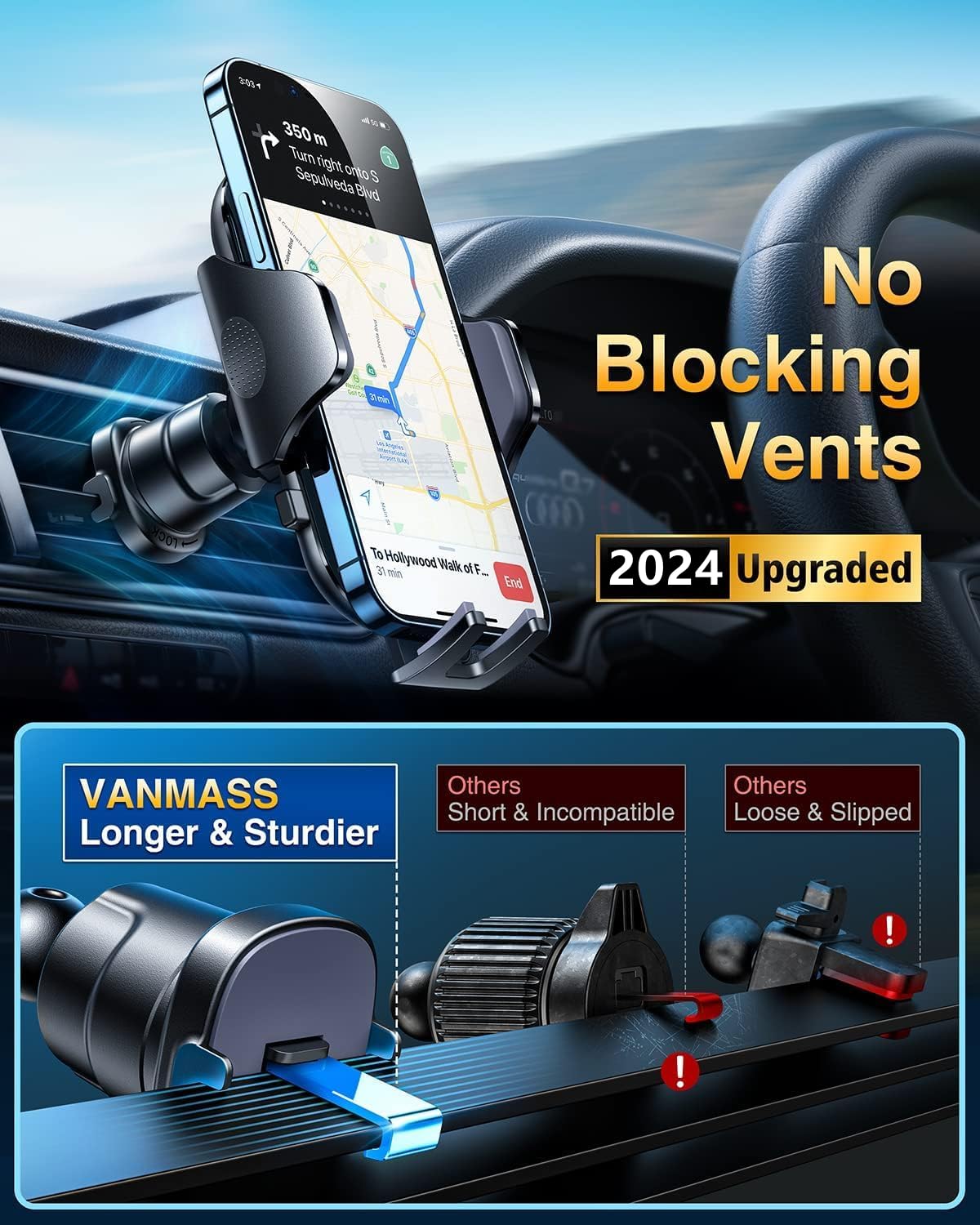 VANMASS [True Military-Grade] Car Phone Holder [Best Suction & Clip] Cell Phone Mount for Dashboard Windshield Vent Truck Cradle Dash Stand for iPhone 15 Pro Max 14 13 12 Android, Blue