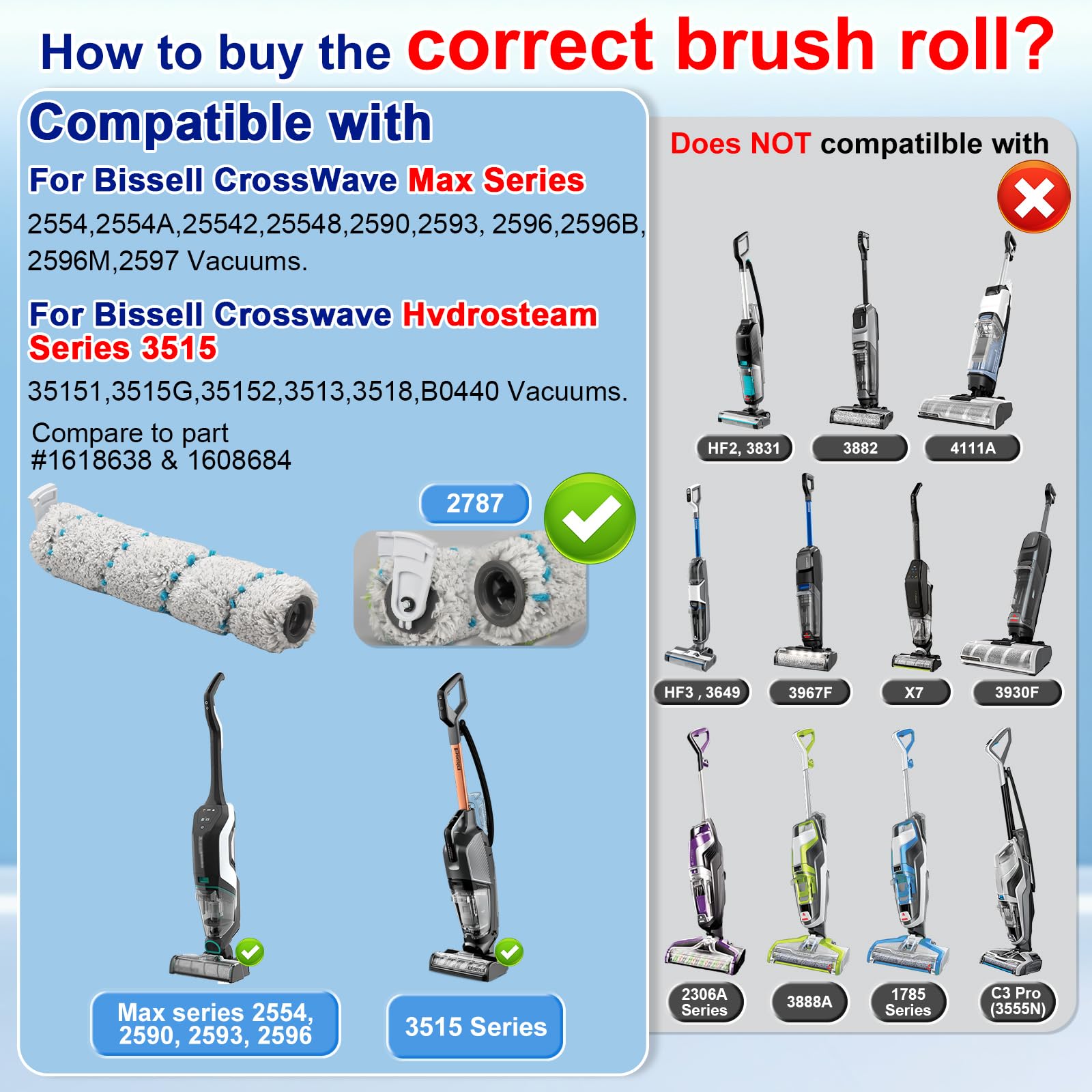 Lemige 3 Pack Multi-Surface Pet Brush Rolls 2788 and 3 Pack Vacuum Filters 1866 for Bissell CrossWave Max 2554 2590 2593 2596 for HydroSteam 35151 3515 35152 3513 3518 Vacuums, Part 1618641 & 1608684