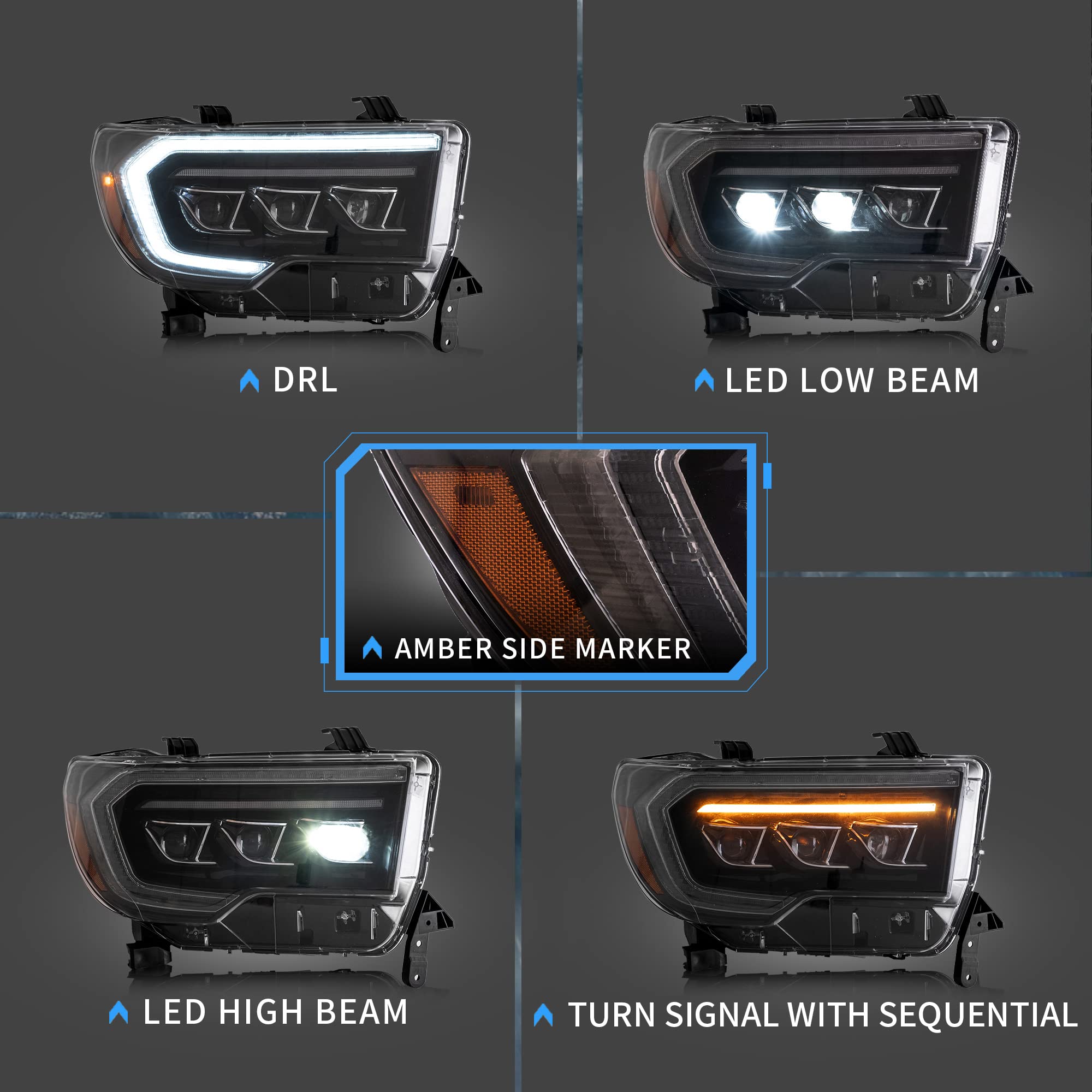 VLAND LED Headlights Compatible with Toyota Tundra 2007-2013/ Sequoia 2008-2021 w/Sequential Turn Signal, w/Diamond White DRL w/LED Reflection bowl Amber Reflector Black Trim Panel