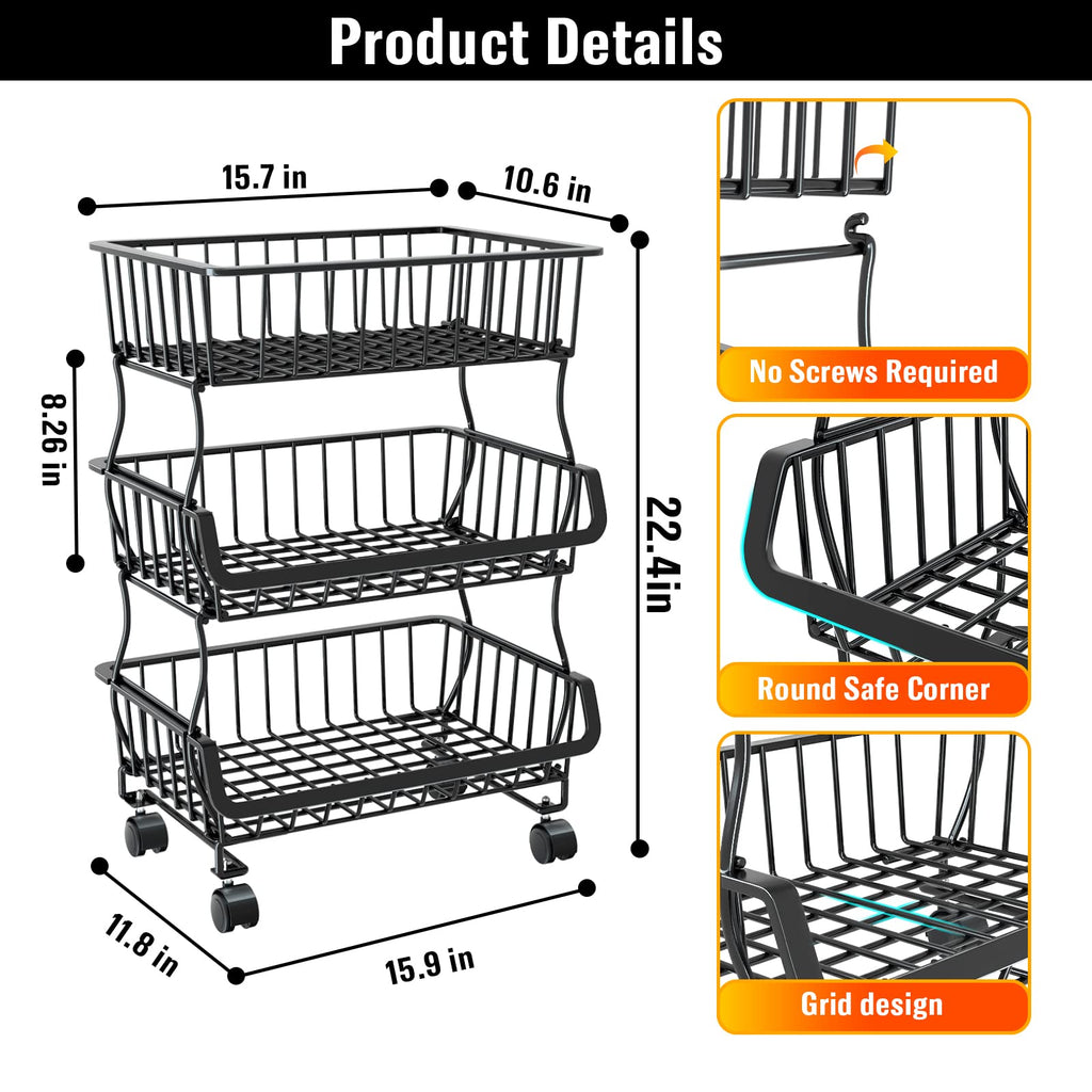 Gsiekare Fruit Vegetable Basket for Kitchen, 4 Tier Stackable Fruit Vegetable Storage Baskets with Wheels, Metal Wire Storage Basket Organizer Baskets for Kitchen, Pantry, Bathroom