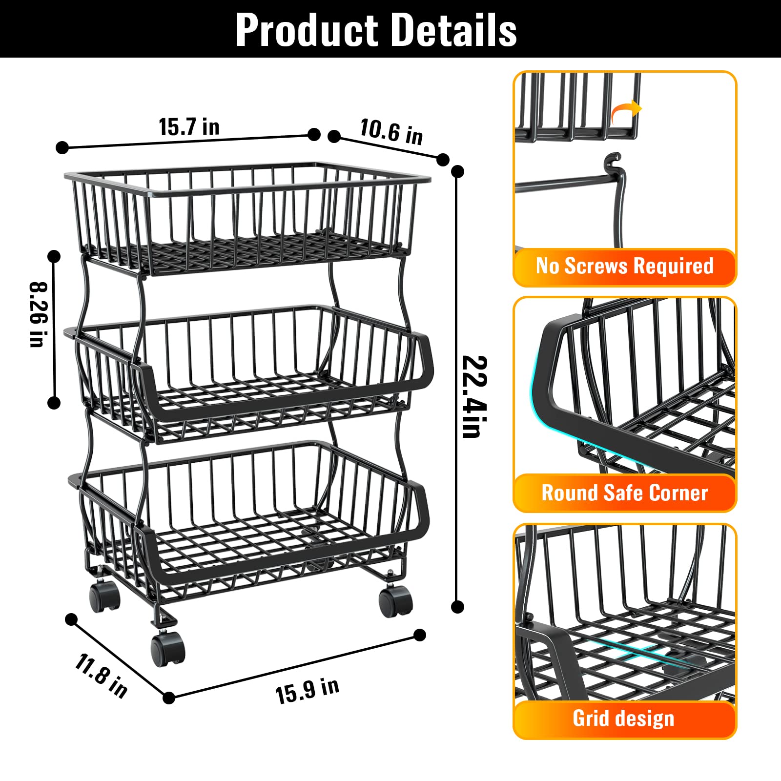 Gsiekare Fruit Vegetable Basket for Kitchen, 4 Tier Stackable Fruit Vegetable Storage Baskets with Wheels, Metal Wire Storage Basket Organizer Baskets for Kitchen, Pantry, Bathroom