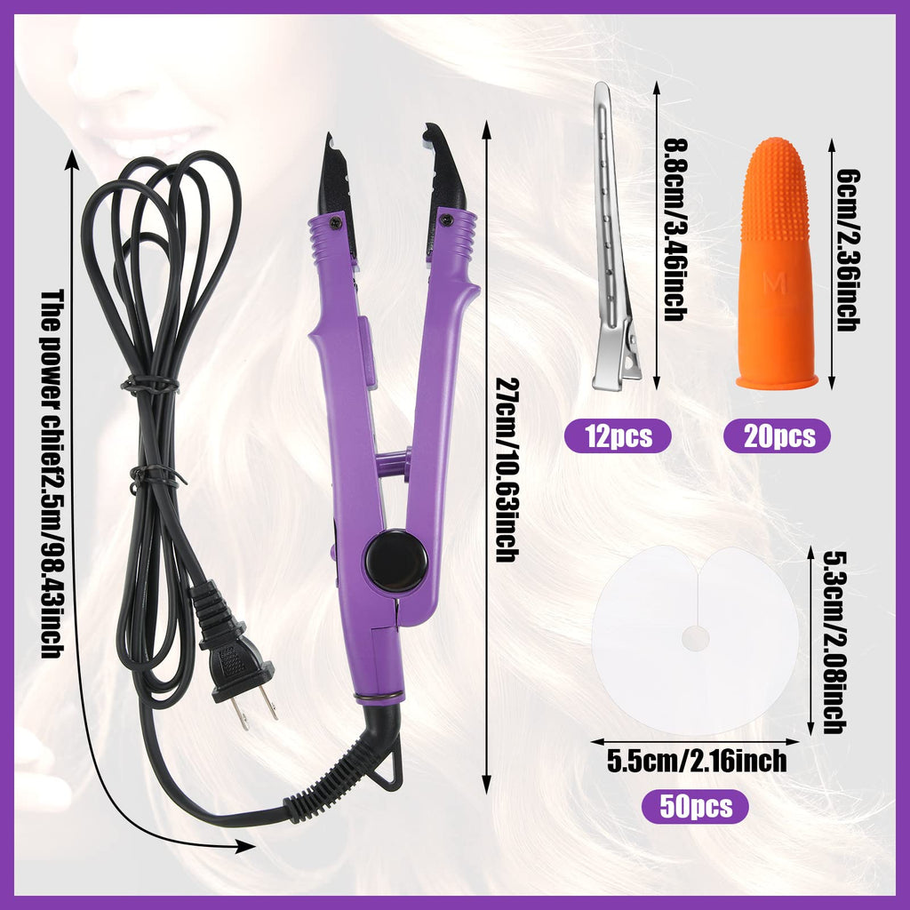 Hair Extensions Iron Fusion Keratin Hair Extensions Heat Tool Heat Connector Wand with Fusion Glue Protector Template Hair Clip Finger Protector 2 Bag Keratin Glue Granule Bead(Black)
